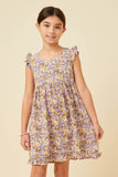 GN4597 LAVENDER Girls Floral Ruffle Hem Square Neck Tank Dress Front