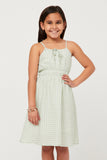 GN4614 Sage Girls Textured Checker Tie Front Smocked Waist Tank Dress Front