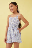 GN4679 BLUE Girls Floral Print Belted Sleeveless Romper Side