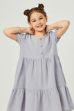 GN4685 Blue Girls Button Detail Puff Sleeve Round Neck Dress Front 2