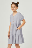 GN4685 Blue Girls Button Detail Puff Sleeve Round Neck Dress Side