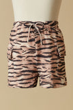 GS0006 Orange Smithsonian Tiger Print Patch Pocket Knit Shorts Full Body