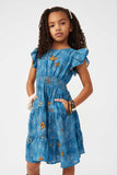 GS0007 Blue Smithsonian Butterfly Smocked Waist Dress Pose