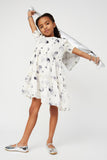 GS0014 Off White Smithsonian Moon Phase Satin Ruffle Tiered Dress Pose