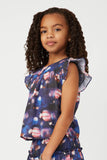 GS0017 Navy Smithsonian Planet Print Ruffled Tank Side