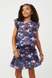 GS0018 Navy Smithsonian Planet Print Smocked Ruffle Skirt Front