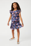 GS0018 Navy Smithsonian Planet Print Smocked Ruffle Skirt Full Body