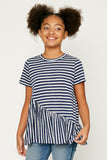 GY1117-NAVY Ruffle Striped Tunic Top Front
