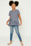GY1117-NAVY Ruffle Striped Tunic Top Front Detail