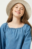 GY1218 Mid Denim Girls Chambray Tiered Dress Neckline