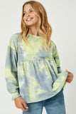 GY1335 Lime Girls Long Sleeve Tie Dye Peplum Top Front