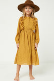 GY2113 Mustard Girls Ruffle Button Down Midi Dress Full Body