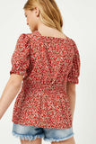 GY2376 Red Girls Botanical Print Square Neck Smocked Waist Top Back