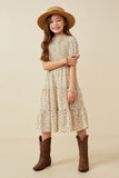 GY2380 Cream Girls Smocked Bodice Short Sleeve Tiered Midi Dress Full Body