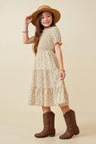 GY2380 Cream Girls Smocked Bodice Short Sleeve Tiered Midi Dress Side