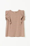 GY2392 BROWN Girls Layered Ruffle Knit Stripe Tee Front Flat