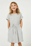 GY2396 Heather Grey Girls Ribbed Stripe Knit T Shirt Dress Front