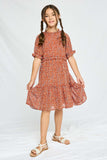 GY2420 Rust Girls Ditsy Floral Ruffle Detail Dress Full Body