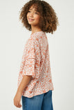 GY2432 Salmon Girls Tiered Sleeve Floral Top Side