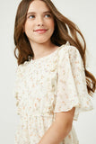 GY2464 Off White Girls Ruffled Cinch Waist Floral Mini Dress Close Up