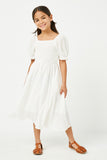 GY2474 OFF WHITE Girls Textured Smocked Bodice Puff Sleeve Midi Dress Full Body