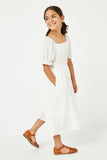 GY2474 OFF WHITE Girls Textured Smocked Bodice Puff Sleeve Midi Dress Side