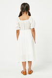 GY2474 OFF WHITE Girls Textured Smocked Bodice Puff Sleeve Midi Dress Back