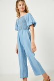 GY2567 Dark Denim Girls Smocked Puff Sleeve Tencel Jumpsuit Side