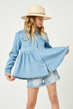 GY2570 Light Denim Girls Button Down Peplum Western Tencel Shirt Pose