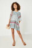 GY2602 Off White Mix Girls Border Print V Neck Bell Sleeve Tunic Full Body