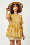 GY2629 Yellow Girls Bandana Print Ruffle Sleeve Peplum Top Front