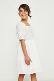 GY2684 OFF WHITE Girls Textured Bow Back Squre Neck Dress Detail
