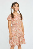 GY2705 CORAL Girls Smocked Waist Floral Flutter Sleeve Dress Front