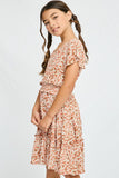 GY2705 CORAL Girls Smocked Waist Floral Flutter Sleeve Dress Side