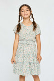 GY2705 MINT Girls Smocked Waist Floral Flutter Sleeve Dress Front