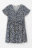 GY2706 Navy Girls Floral Flutter Sleeve Pocket Dress Flat Front