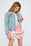 GY2717 Pink Girls Tie Dye Smocked Tiered Mini Skirt Pose