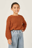 GY2741 Brown Girls Popcorn Knit Pullover Sweater Front