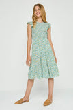 GY2756 OLIVE Girls Ditsy Floral Smocked Bodice Midi Dress Full Body