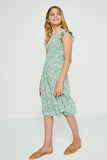 GY2756 OLIVE Girls Ditsy Floral Smocked Bodice Midi Dress Side