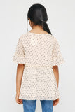 GY2775 Ivory Girls Ruffled Detail Sheer Polka Dot Peplum Top Side