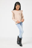 GY2837 OATMEAL Girls Ruffled Long Sleeve Pocketed T Shirt Detail