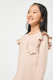 GY2837 OATMEAL Girls Ruffled Long Sleeve Pocketed T Shirt Back