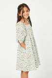GY2988 BLUE Girls Tie Sleeve Square Neck Floral Tunic Dress Side
