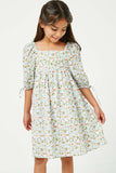 GY2988 BLUE Girls Tie Sleeve Square Neck Floral Tunic Dress Front