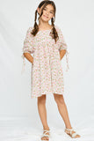GY2988 PINK Girls Tie Sleeve Square Neck Floral Tunic Dress Full Body
