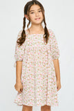 GY2988 PINK Girls Tie Sleeve Square Neck Floral Tunic Dress Front