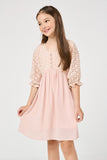 GY2999 MAUVE Girls V Neck Buttoned Eyelet Mixed Media Dress Side