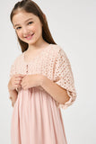 GY2999 MAUVE Girls V Neck Buttoned Eyelet Mixed Media Dress Detail