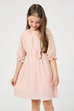 GY2999 MAUVE Girls V Neck Buttoned Eyelet Mixed Media Dress Front